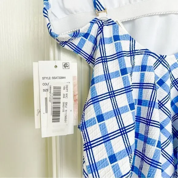 Jessica Simpson Small Bodysuit Bathing Suit Checkered Blue White Open Front Bow